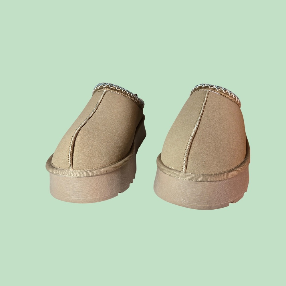 Womens Platform Chestnut Slippers Faux Fur Lined Embroidered Trim Mules Size 10